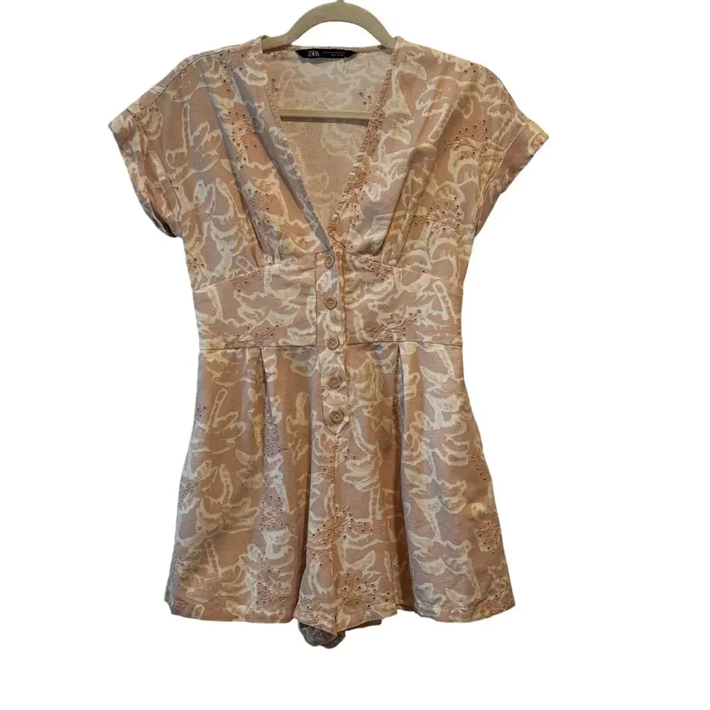 Zara Cotton Linen Floral Eyelet Feminine Cottage Romper Women's Size XS